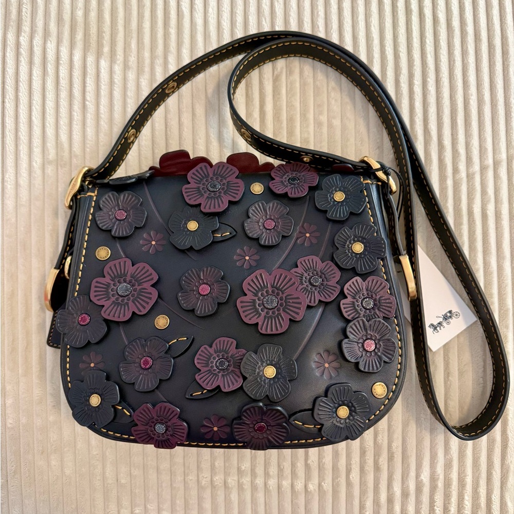 NWT Coach Floral Embellished Shoulder Bag - Black and Purple - Picture 5 of 15